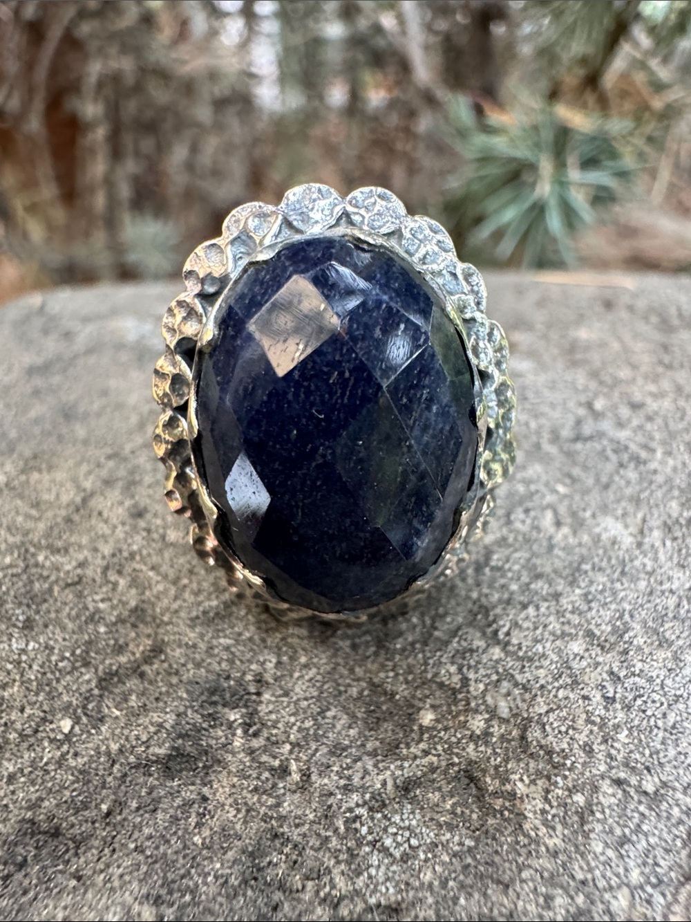 Sundance Faceted Navy Blue Oval Stone Ring in Silver-Tone Setting